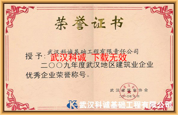 二OO九年度武漢地區(qū)建筑業(yè)優(yōu)秀企業(yè)證書